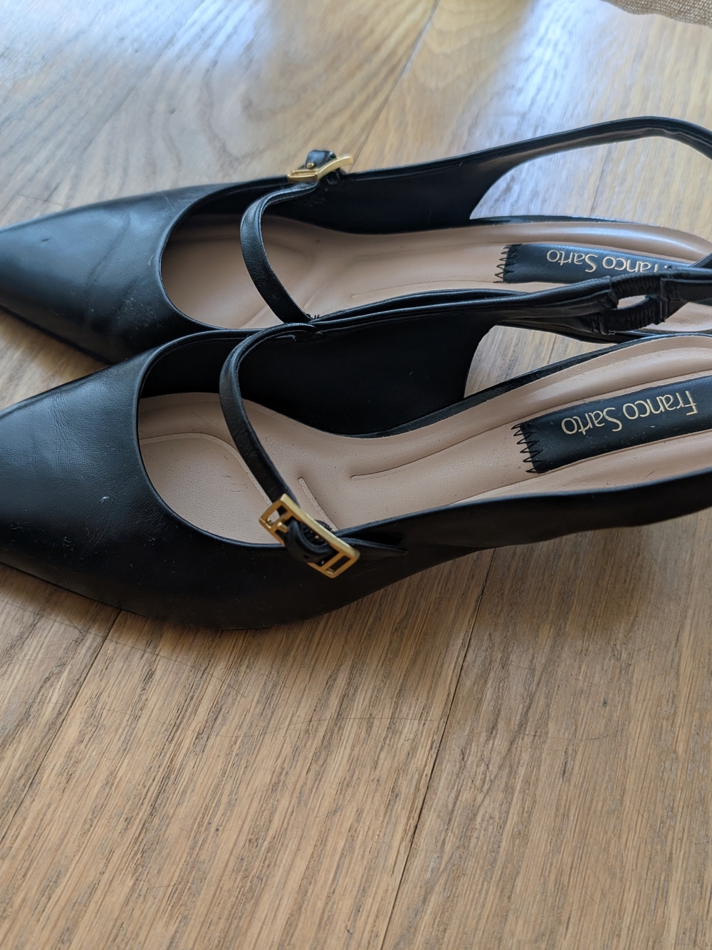 Franco Sarto Black Pointed Slingback Pumps with Gold Buckle - Picture 2 of 4